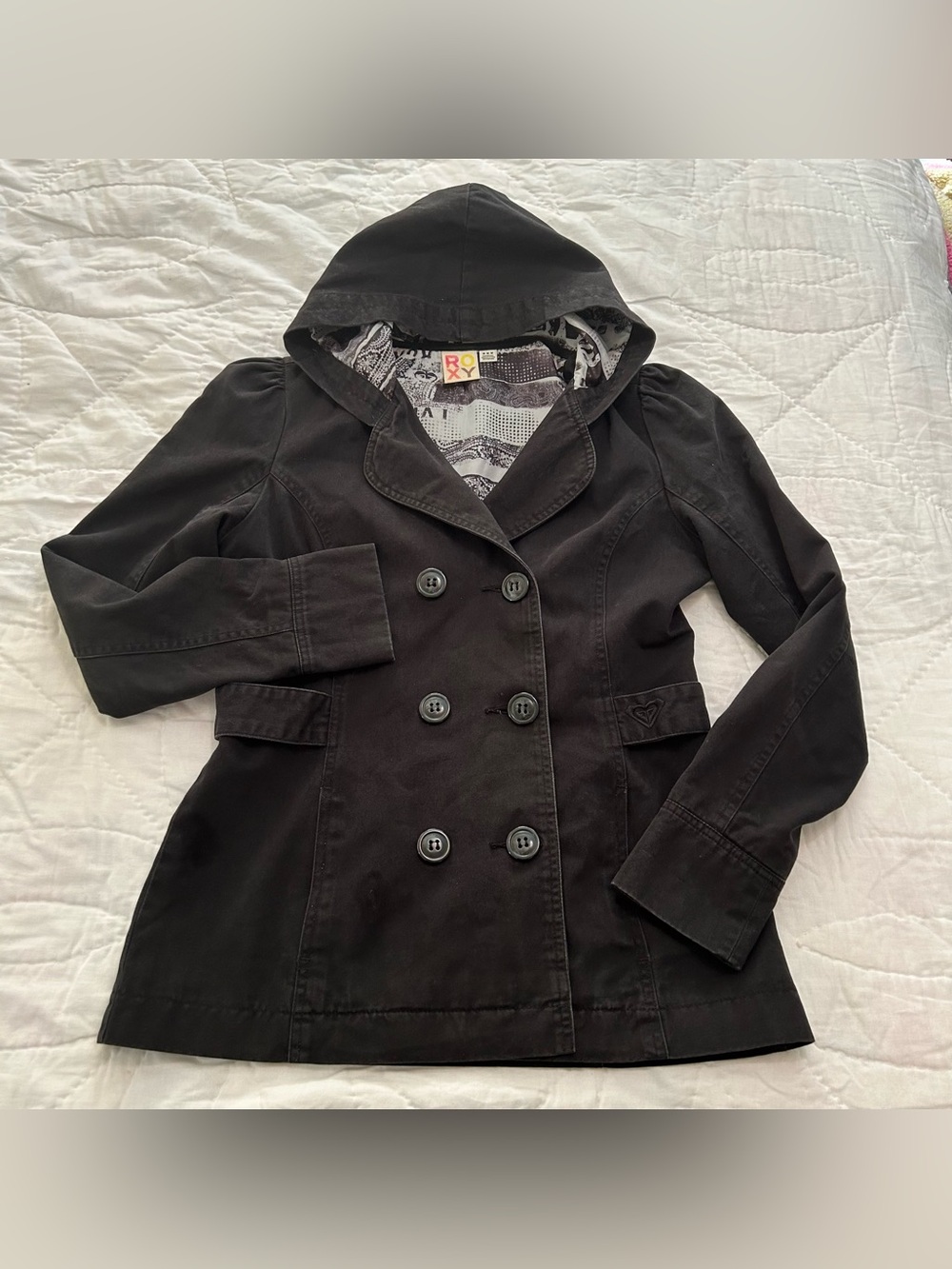 VTG Y2K Roxy Pea Coat Double Breasted Size M Black Hooded Surf Grunge Skater